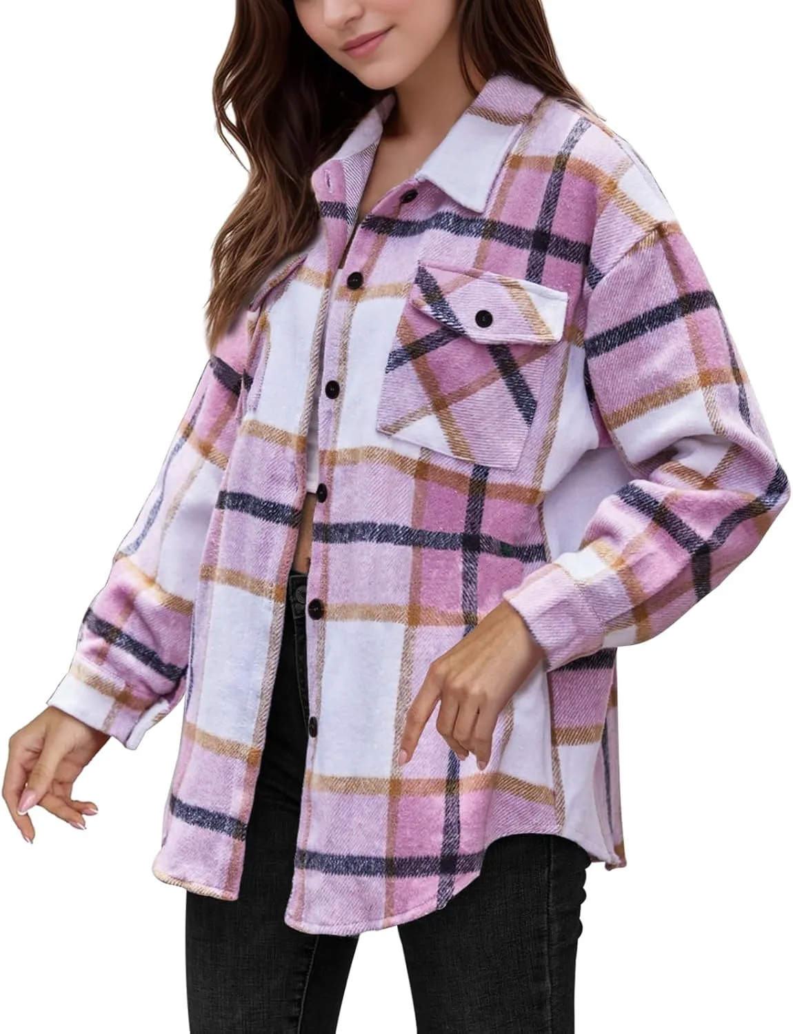 SHEJIZE Women's Casual Shacket Jacket Plaid Shirts Flannel Blouses Button-Down Shirts