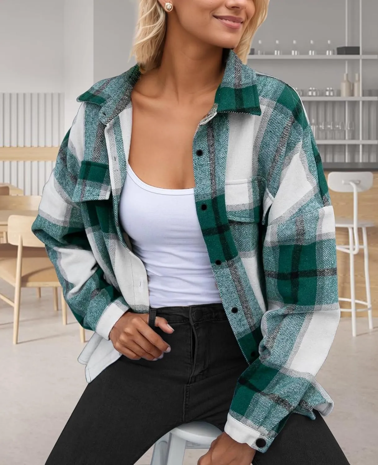 SHEJIZE Women's Casual Shacket Jacket Plaid Shirts Flannel Blouses Button-Down Shirts