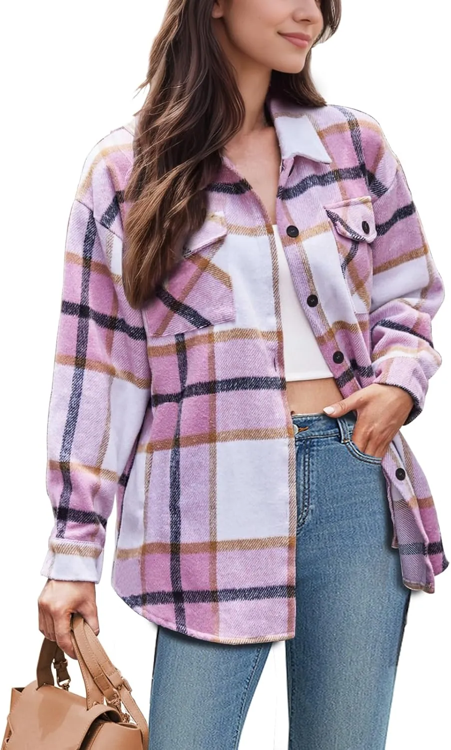 SHEJIZE Women's Casual Shacket Jacket Plaid Shirts Flannel Blouses Button-Down Shirts