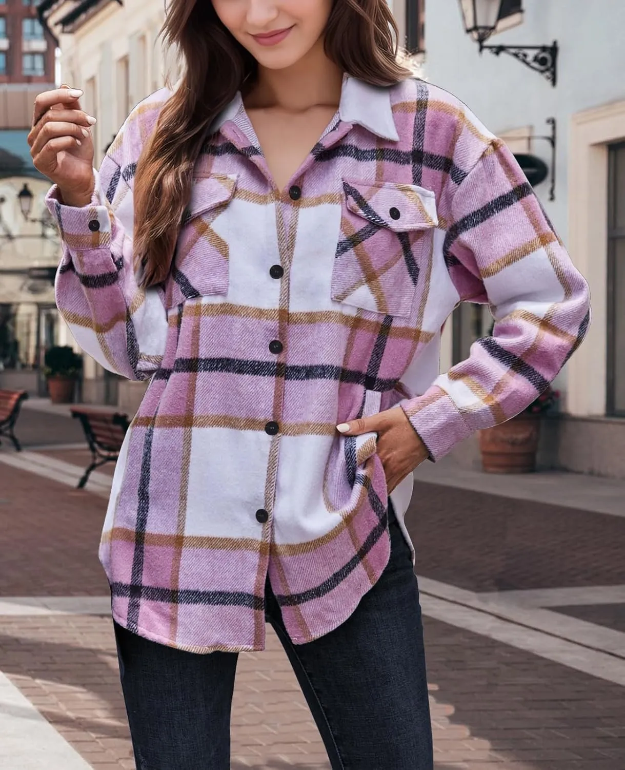 SHEJIZE Women's Casual Shacket Jacket Plaid Shirts Flannel Blouses Button-Down Shirts