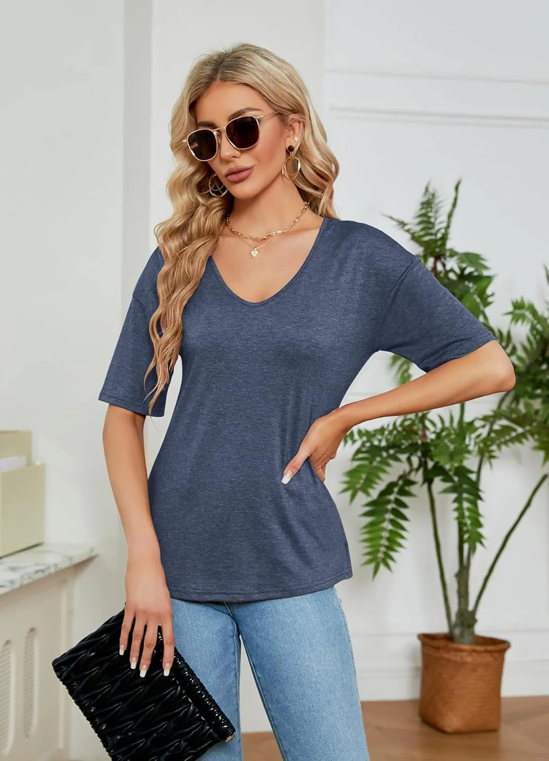 Sherosa Womens T Shirts V-Neck Half Sleeve Loose Fit Shirts Casual Solid Basic Tops