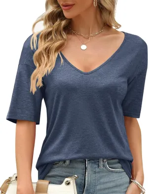Sherosa Womens T Shirts V-Neck Half Sleeve Loose Fit Shirts Casual Solid Basic Tops