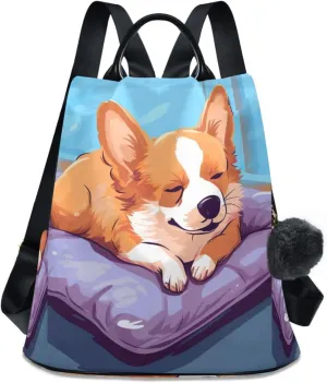 Sinestour Cute Corgi Dog Backpack Purse Anti-Theft Casual Travel Rucksack Fashion Lightweight Shoulder Bag for Ladies Bookbag Purses
