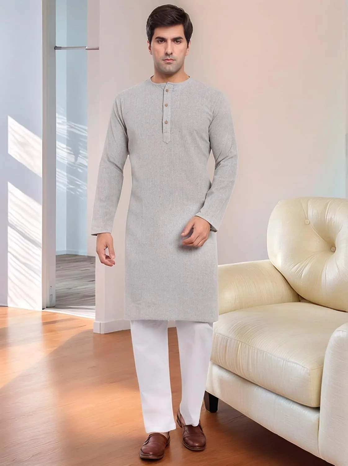 SKAVIJ Men's Indian Kurta Pajama Kaftan Cotton Henley Casual Gown Pants Shirt Set Gift For Men