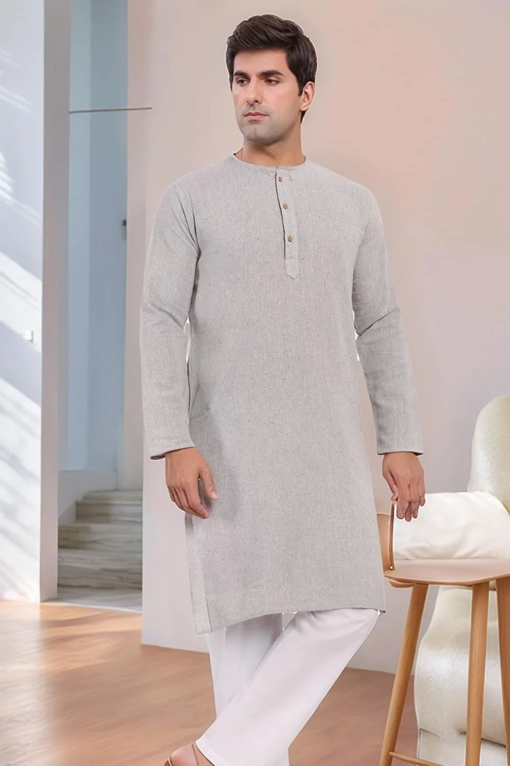 SKAVIJ Men's Indian Kurta Pajama Kaftan Cotton Henley Casual Gown Pants Shirt Set Gift For Men