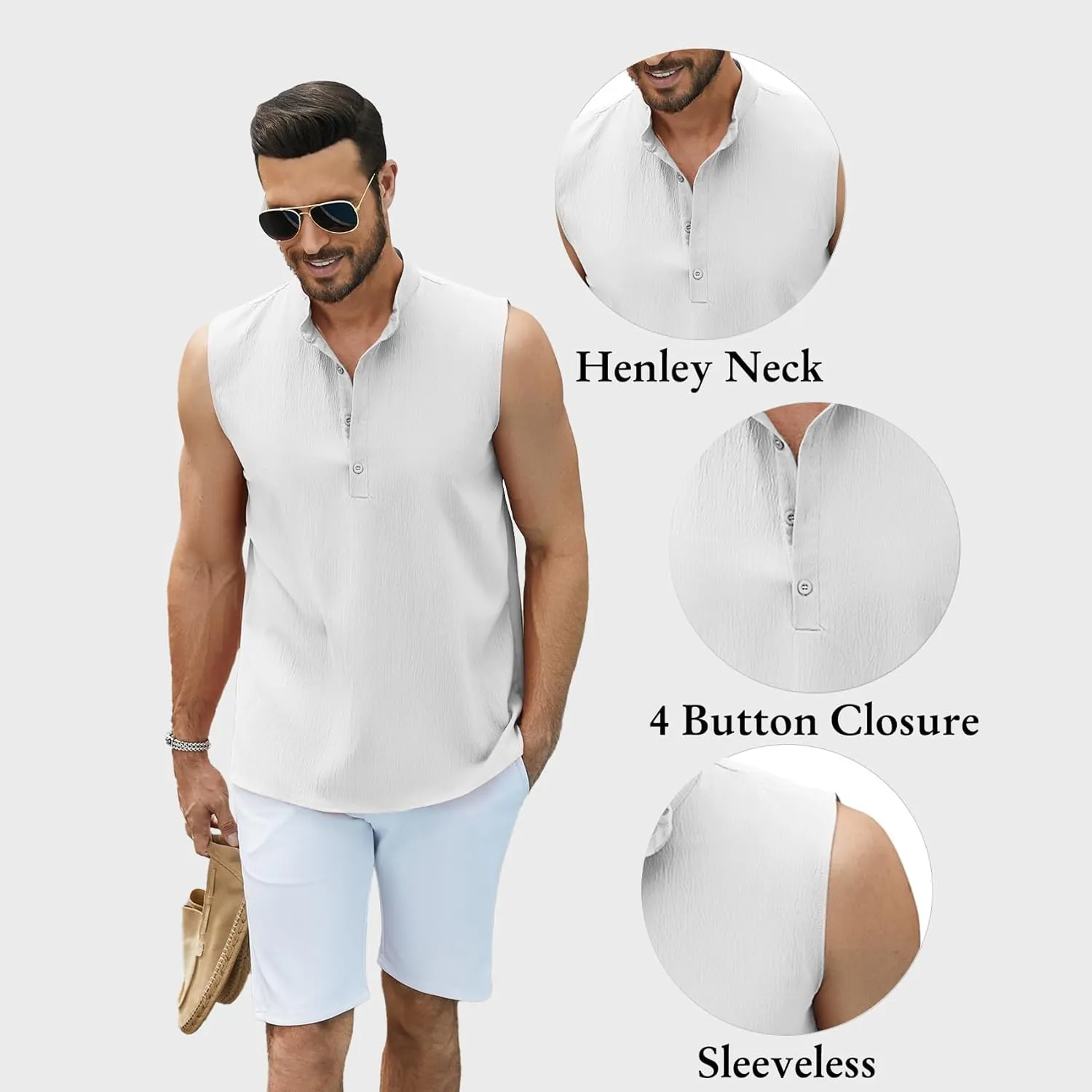Sleeveless Beach Shirts for Men Summer Casual Tank Top Button Down Henley T-Shirts