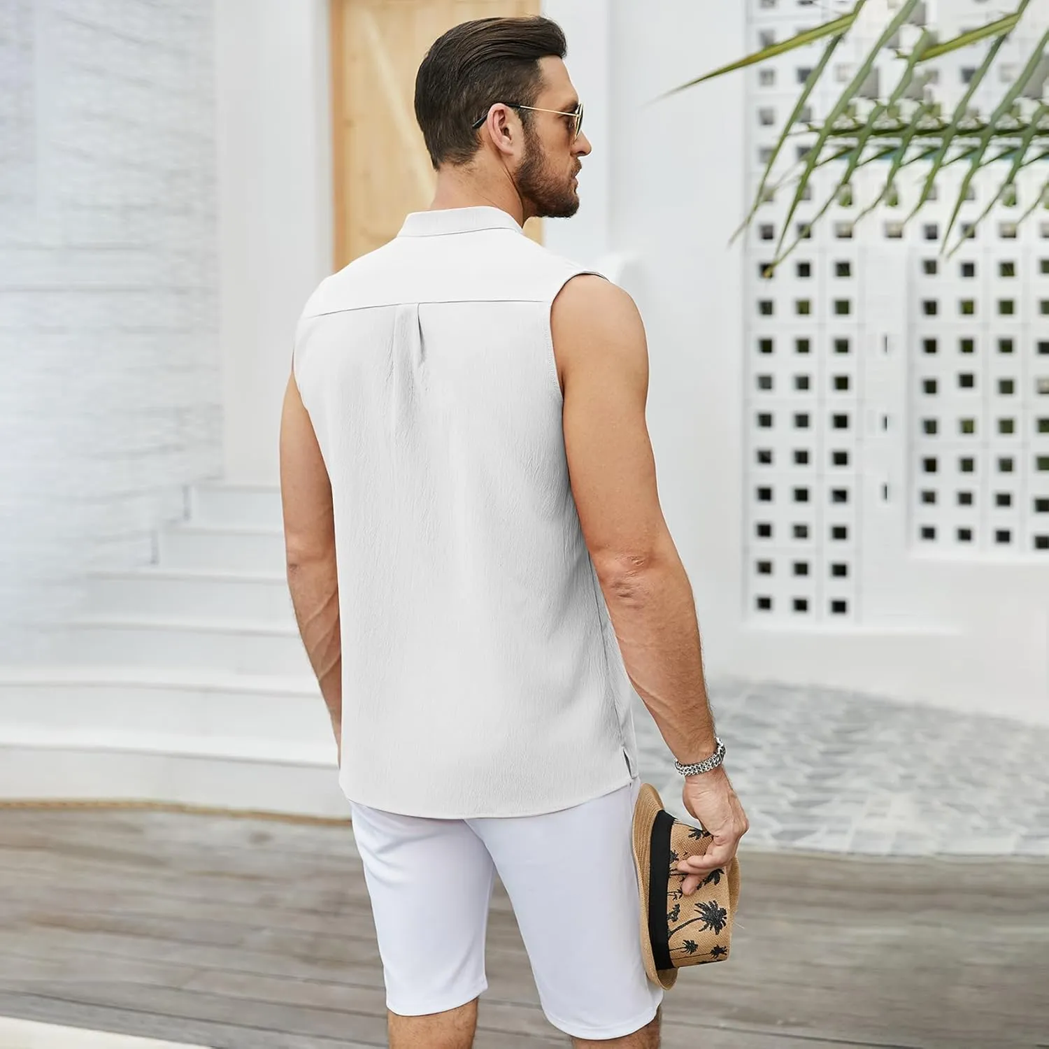 Sleeveless Beach Shirts for Men Summer Casual Tank Top Button Down Henley T-Shirts