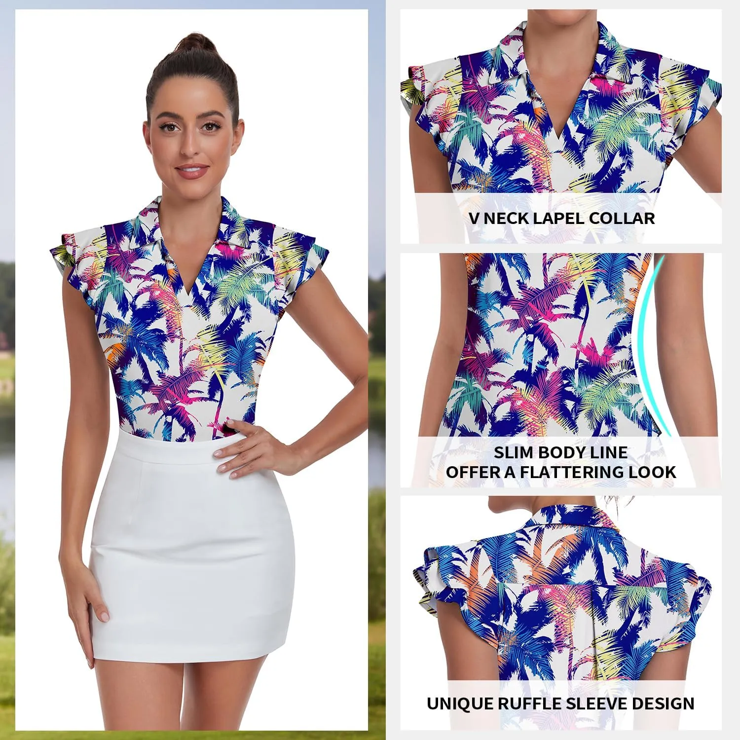 Soneven Womens Golf Shirts Ruffle Short Sleeve Polo Shirts Floral Moisture Wicking Tennis Shirts Golf Tops