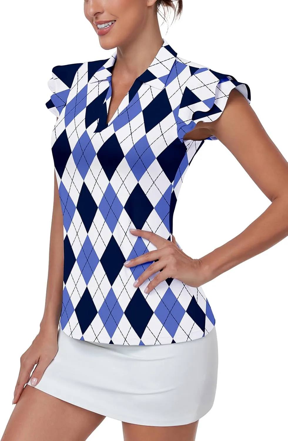 Soneven Womens Golf Shirts Ruffle Short Sleeve Polo Shirts Floral Moisture Wicking Tennis Shirts Golf Tops