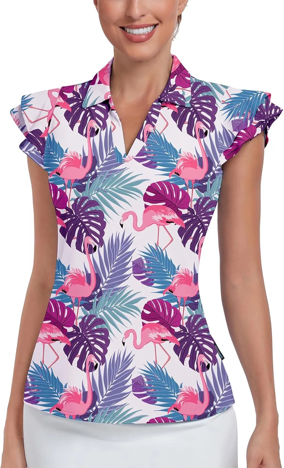 Soneven Womens Golf Shirts Ruffle Short Sleeve Polo Shirts Floral Moisture Wicking Tennis Shirts Golf Tops