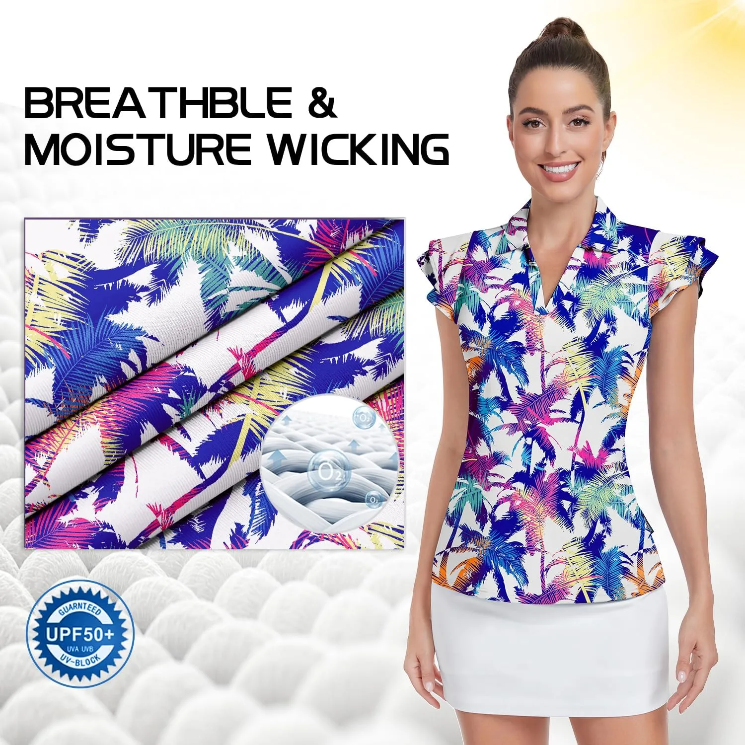 Soneven Womens Golf Shirts Ruffle Short Sleeve Polo Shirts Floral Moisture Wicking Tennis Shirts Golf Tops