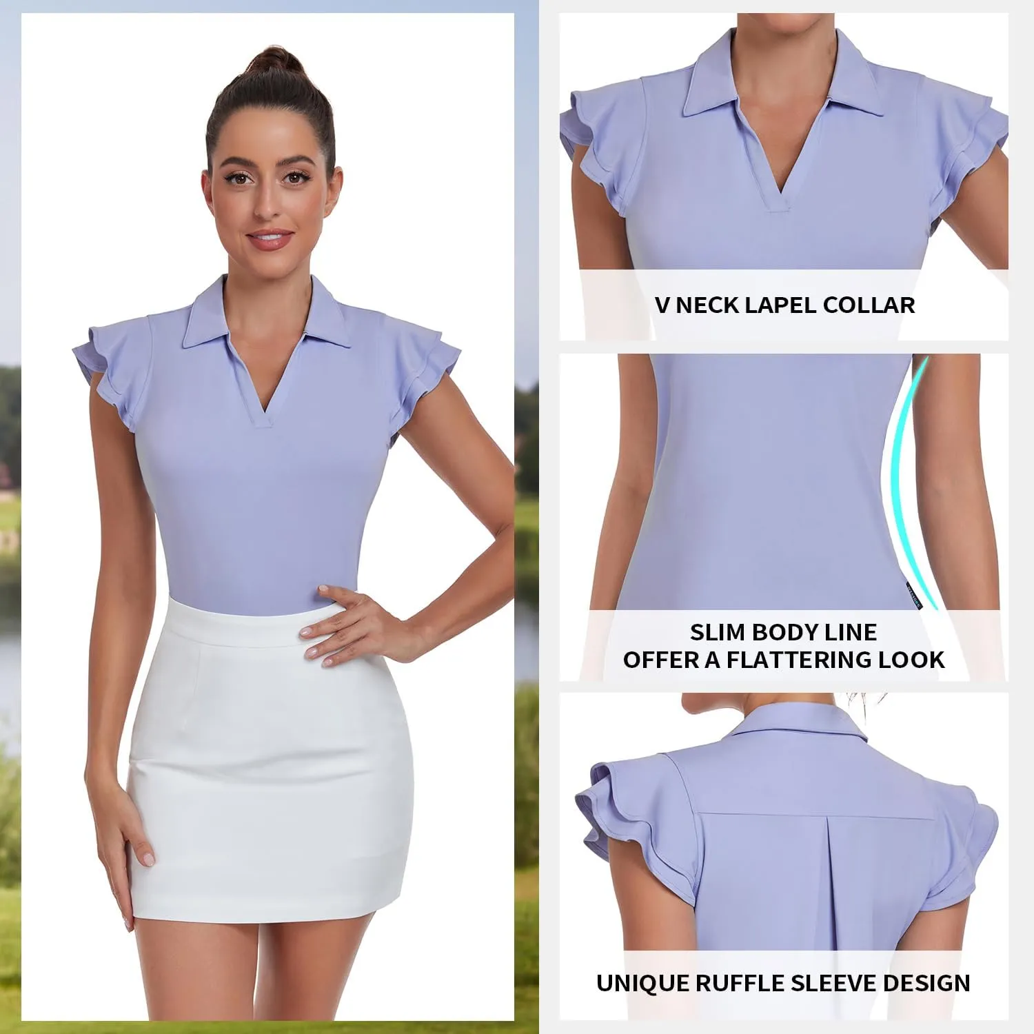 Soneven Womens Golf Shirts Ruffle Short Sleeve Polo Shirts Floral Moisture Wicking Tennis Shirts Golf Tops