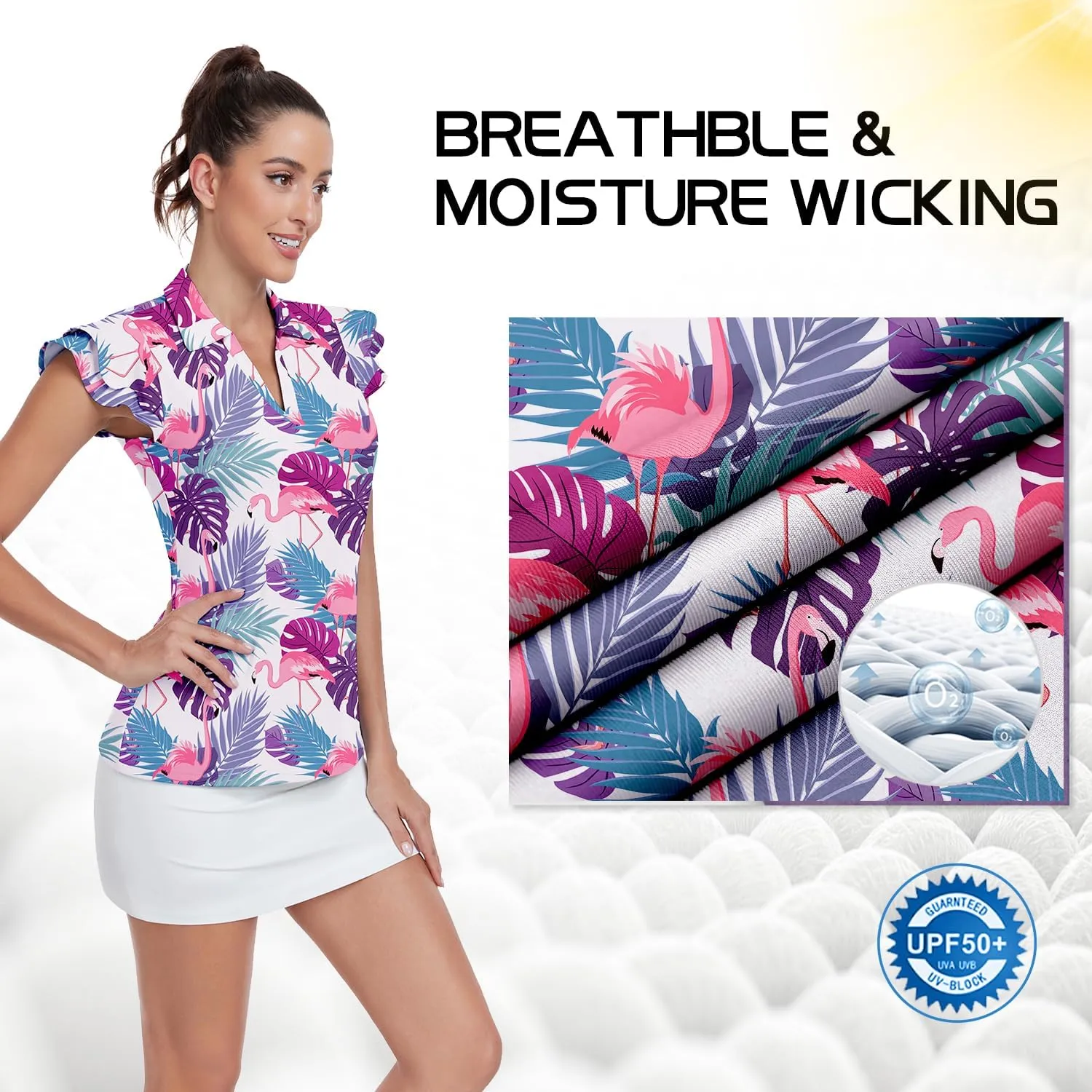 Soneven Womens Golf Shirts Ruffle Short Sleeve Polo Shirts Floral Moisture Wicking Tennis Shirts Golf Tops