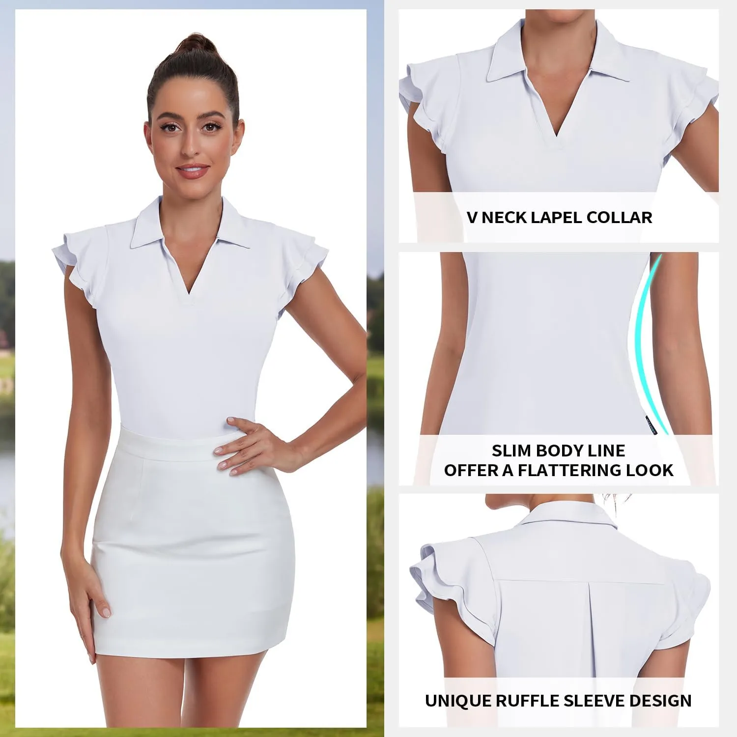 Soneven Womens Golf Shirts Ruffle Short Sleeve Polo Shirts Floral Moisture Wicking Tennis Shirts Golf Tops