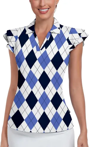 Soneven Womens Golf Shirts Ruffle Short Sleeve Polo Shirts Floral Moisture Wicking Tennis Shirts Golf Tops