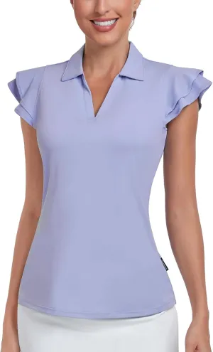 Soneven Womens Golf Shirts Ruffle Short Sleeve Polo Shirts Floral Moisture Wicking Tennis Shirts Golf Tops