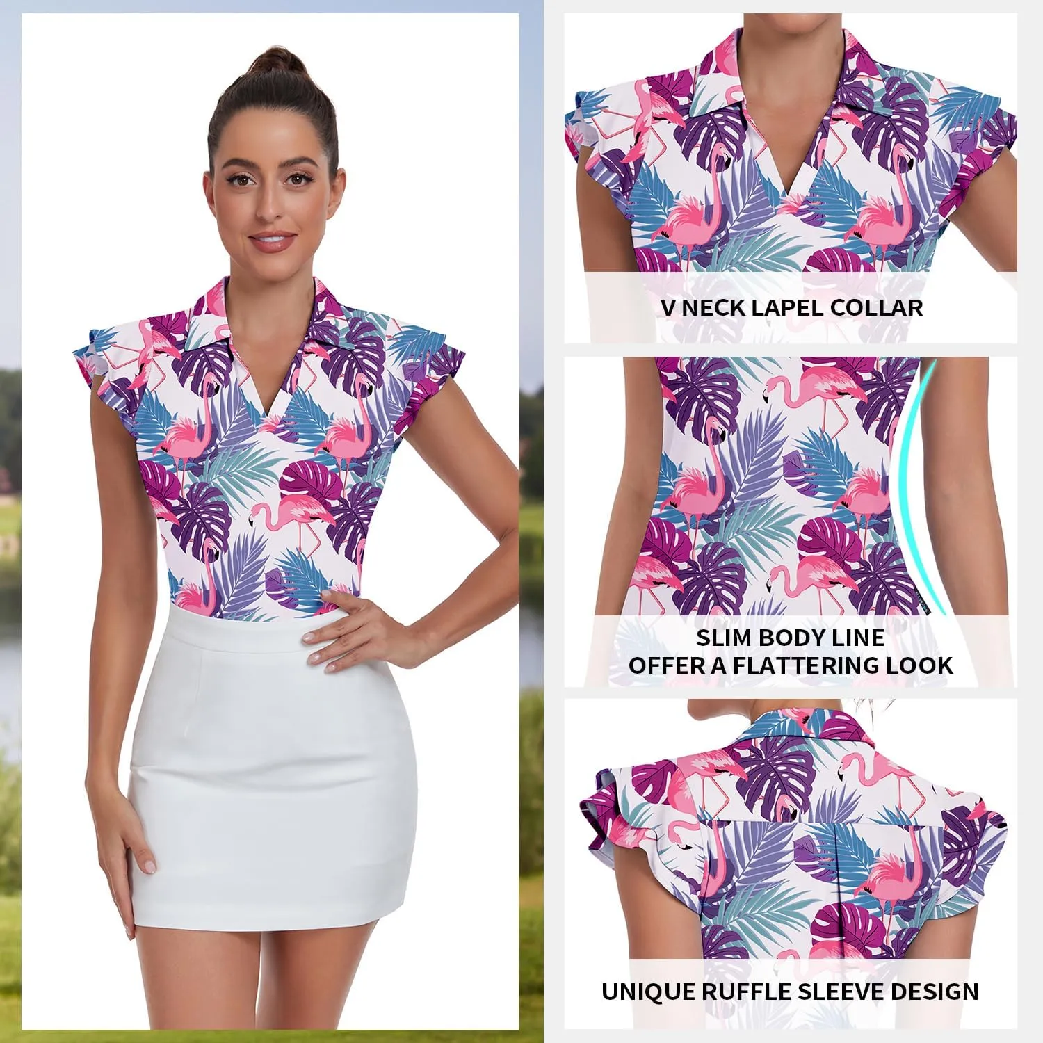 Soneven Womens Golf Shirts Ruffle Short Sleeve Polo Shirts Floral Moisture Wicking Tennis Shirts Golf Tops