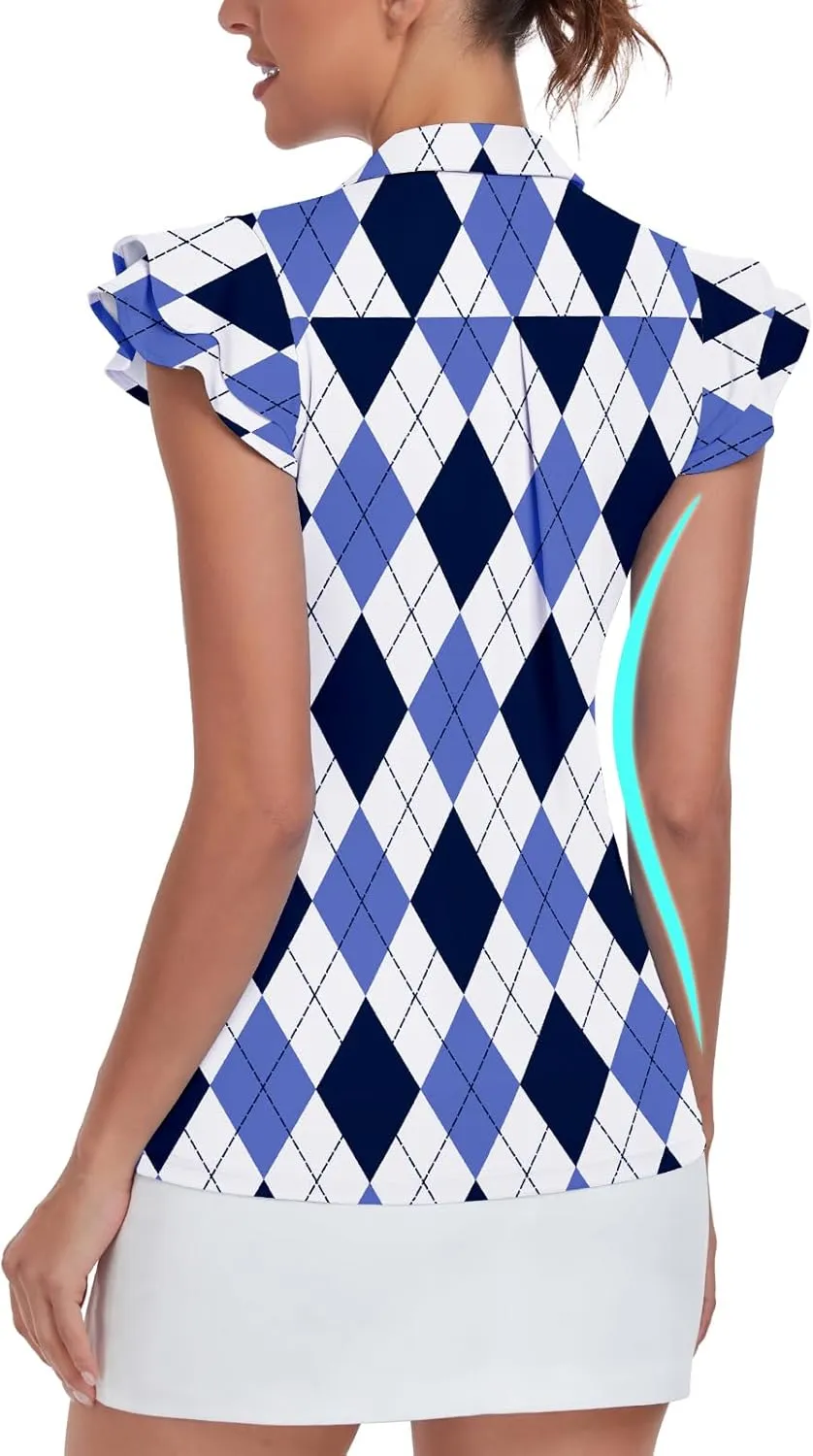 Soneven Womens Golf Shirts Ruffle Short Sleeve Polo Shirts Floral Moisture Wicking Tennis Shirts Golf Tops