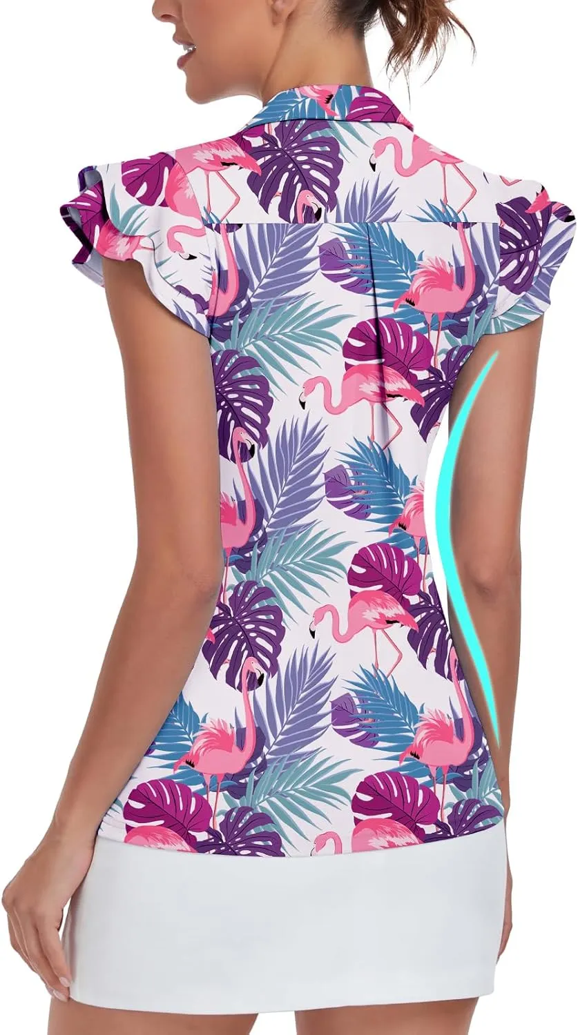 Soneven Womens Golf Shirts Ruffle Short Sleeve Polo Shirts Floral Moisture Wicking Tennis Shirts Golf Tops