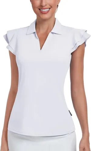 Soneven Womens Golf Shirts Ruffle Short Sleeve Polo Shirts Floral Moisture Wicking Tennis Shirts Golf Tops
