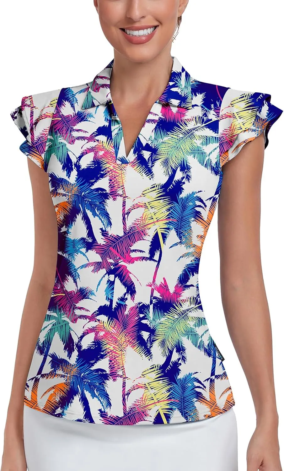 Soneven Womens Golf Shirts Ruffle Short Sleeve Polo Shirts Floral Moisture Wicking Tennis Shirts Golf Tops