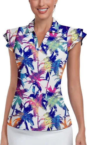 Soneven Womens Golf Shirts Ruffle Short Sleeve Polo Shirts Floral Moisture Wicking Tennis Shirts Golf Tops