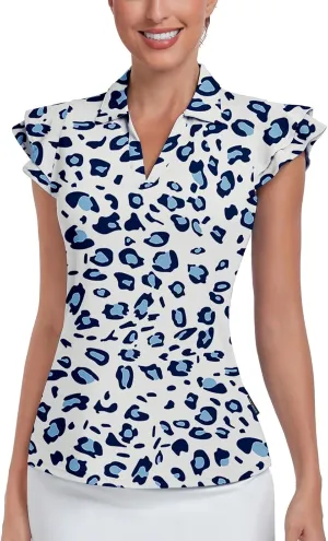 Soneven Womens Golf Shirts Ruffle Short Sleeve Polo Shirts Floral Moisture Wicking Tennis Shirts Golf Tops