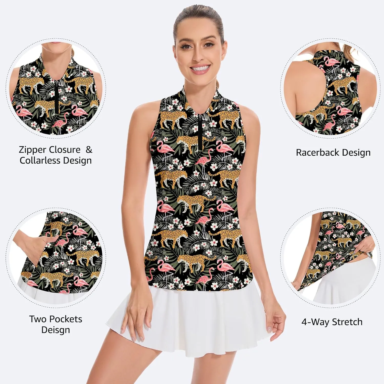 Soneven Women's Sleeveless Golf Shirt Racerback Polo Shirts with Pockets Tennis Tops Golf Tanks Pickleball Shirts