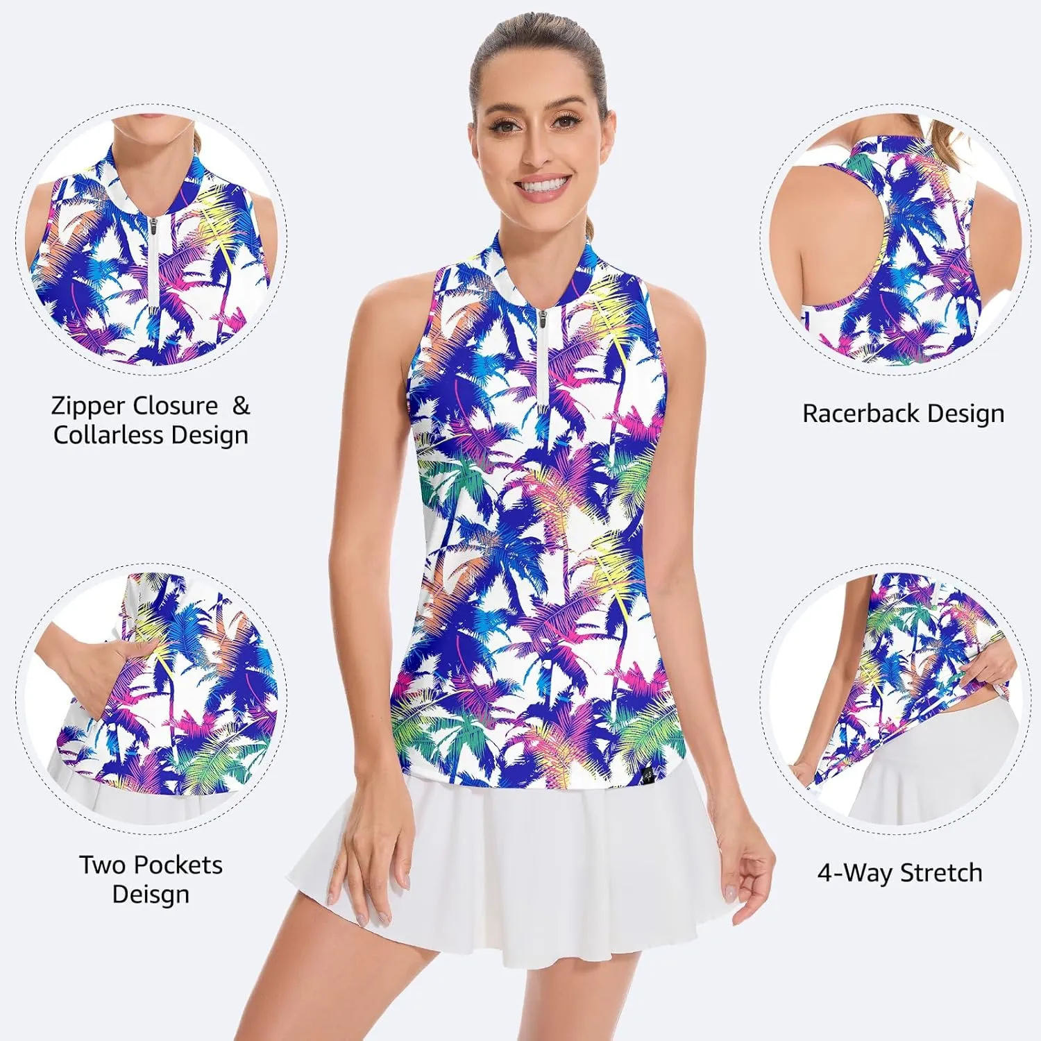 Soneven Women's Sleeveless Golf Shirt Racerback Polo Shirts with Pockets Tennis Tops Golf Tanks Pickleball Shirts