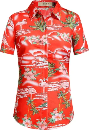 SSLR Hawaiian Shirts for Women Flamingo Shirt Tropical Shirts for Women Summer Casual Short Sleeve