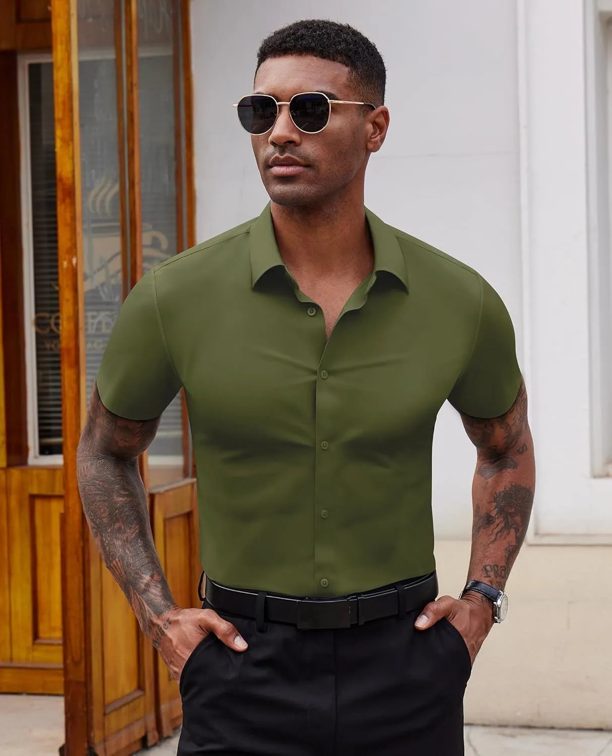 Stretch Dress Shirts for Men Short Sleeve Slim Fit Casual Button Down Shirts Muscle Fit Men's Dress Shirts