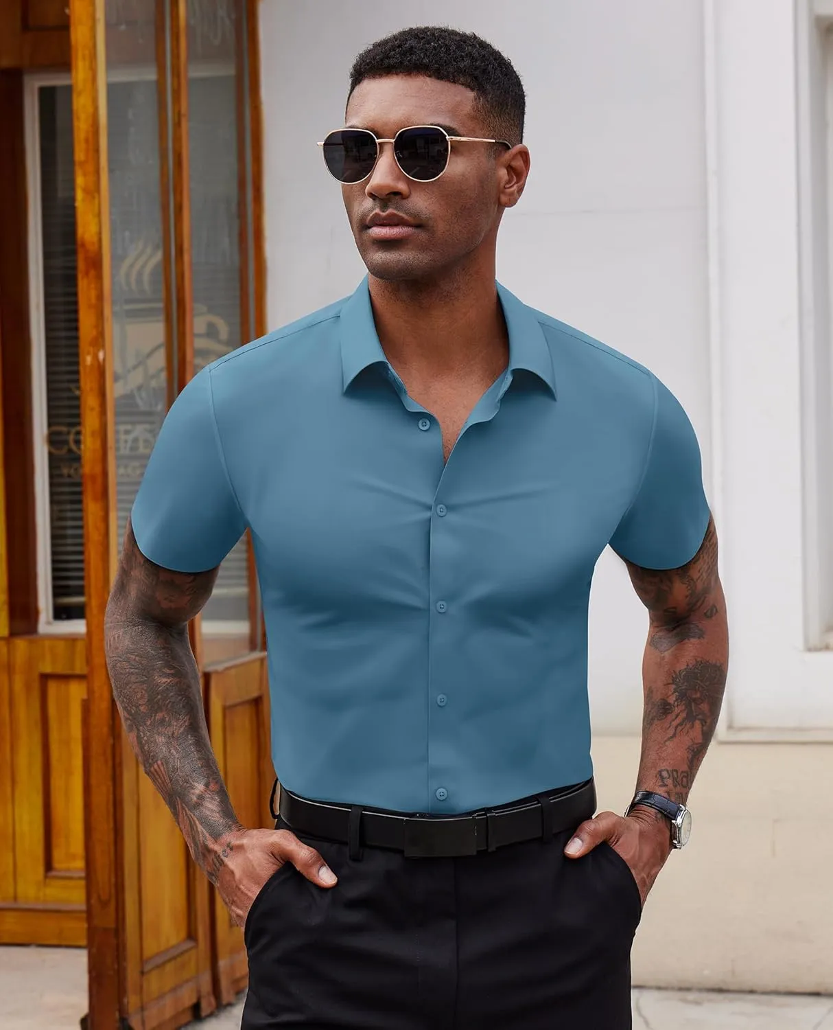 Stretch Dress Shirts for Men Short Sleeve Slim Fit Casual Button Down Shirts Muscle Fit Men's Dress Shirts