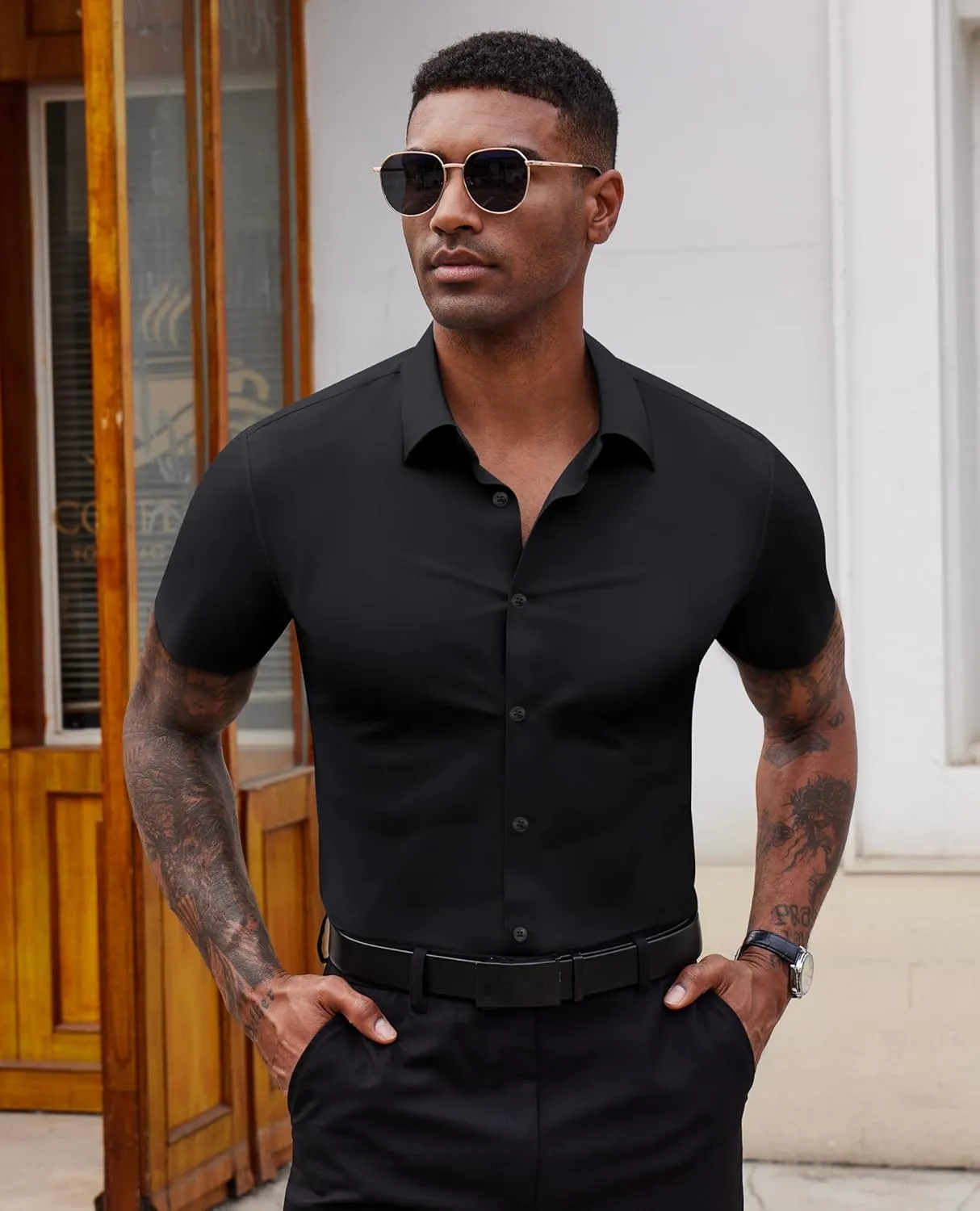 Stretch Dress Shirts for Men Short Sleeve Slim Fit Casual Button Down Shirts Muscle Fit Men's Dress Shirts