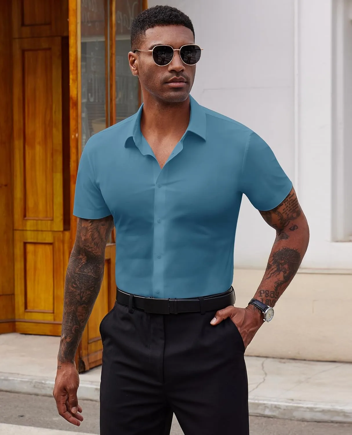 Stretch Dress Shirts for Men Short Sleeve Slim Fit Casual Button Down Shirts Muscle Fit Men's Dress Shirts