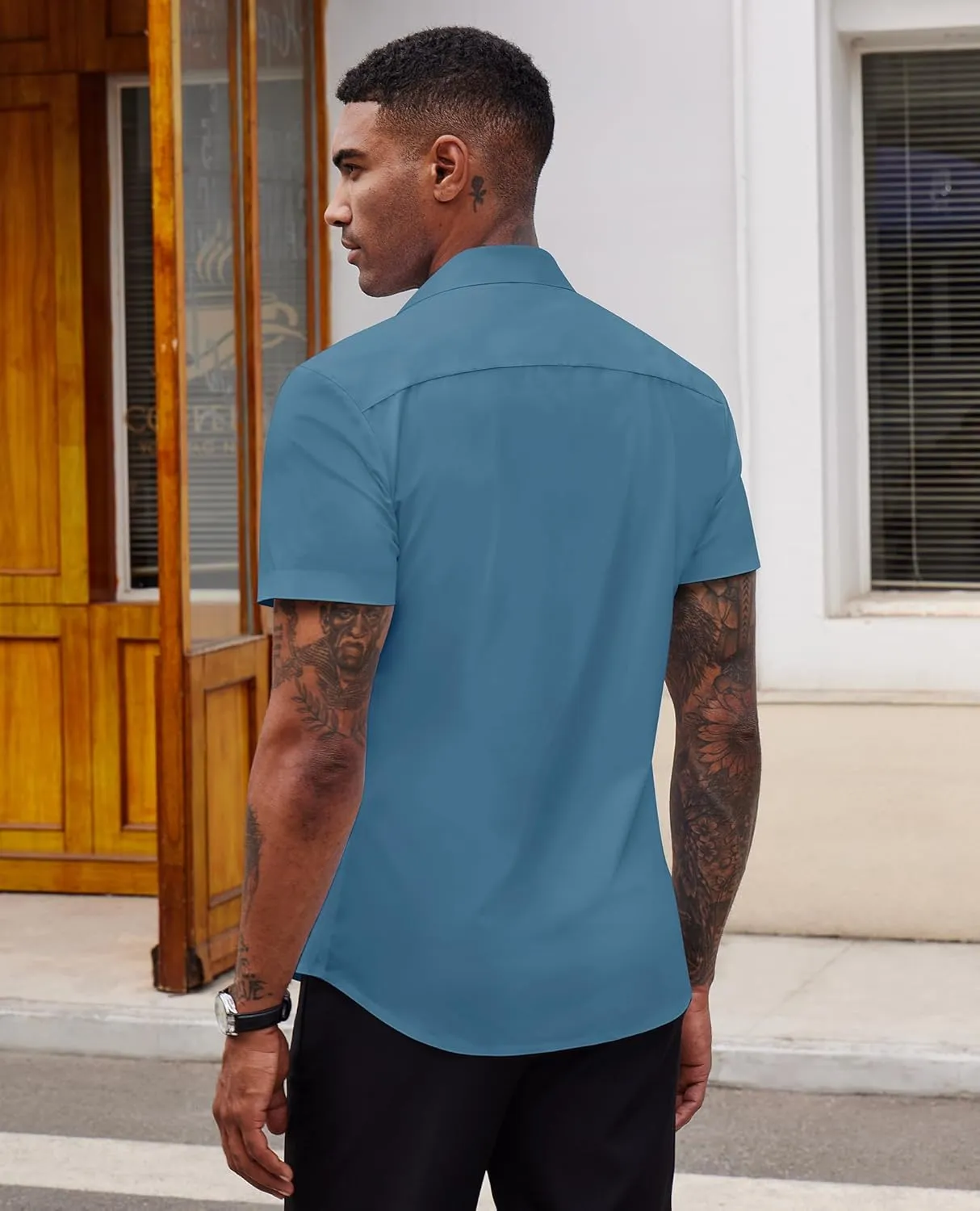Stretch Dress Shirts for Men Short Sleeve Slim Fit Casual Button Down Shirts Muscle Fit Men's Dress Shirts