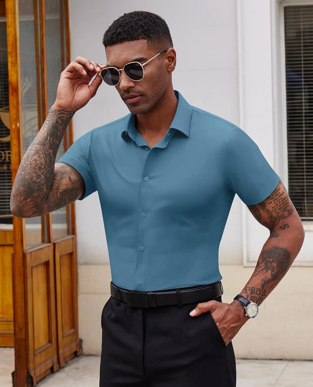 Stretch Dress Shirts for Men Short Sleeve Slim Fit Casual Button Down Shirts Muscle Fit Men's Dress Shirts