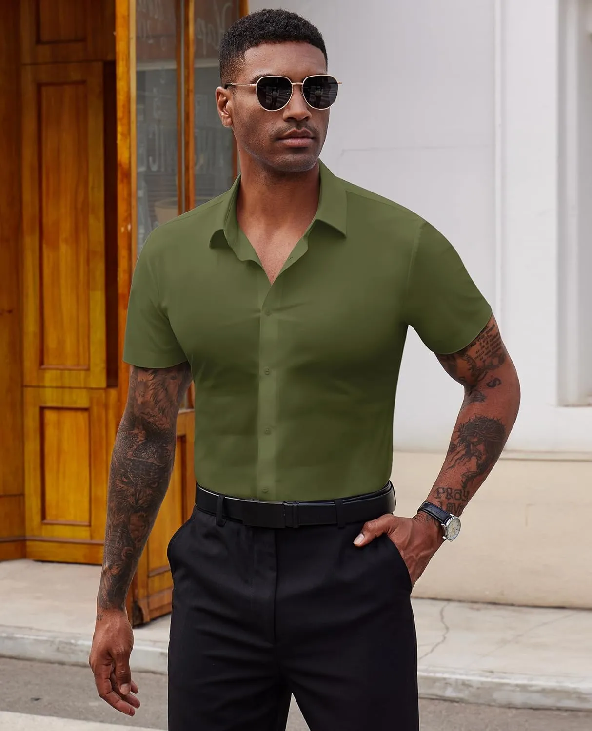 Stretch Dress Shirts for Men Short Sleeve Slim Fit Casual Button Down Shirts Muscle Fit Men's Dress Shirts