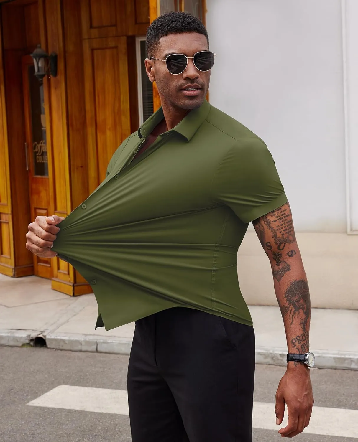 Stretch Dress Shirts for Men Short Sleeve Slim Fit Casual Button Down Shirts Muscle Fit Men's Dress Shirts