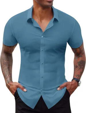 Stretch Dress Shirts for Men Short Sleeve Slim Fit Casual Button Down Shirts Muscle Fit Men's Dress Shirts