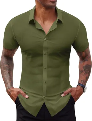 Stretch Dress Shirts for Men Short Sleeve Slim Fit Casual Button Down Shirts Muscle Fit Men's Dress Shirts