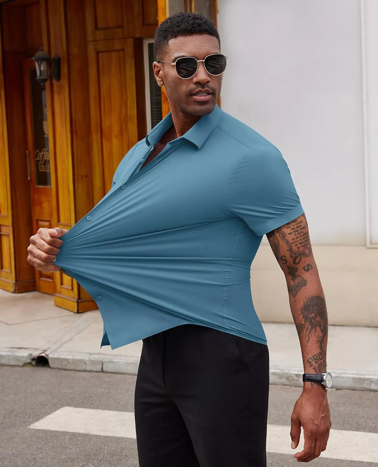 Stretch Dress Shirts for Men Short Sleeve Slim Fit Casual Button Down Shirts Muscle Fit Men's Dress Shirts
