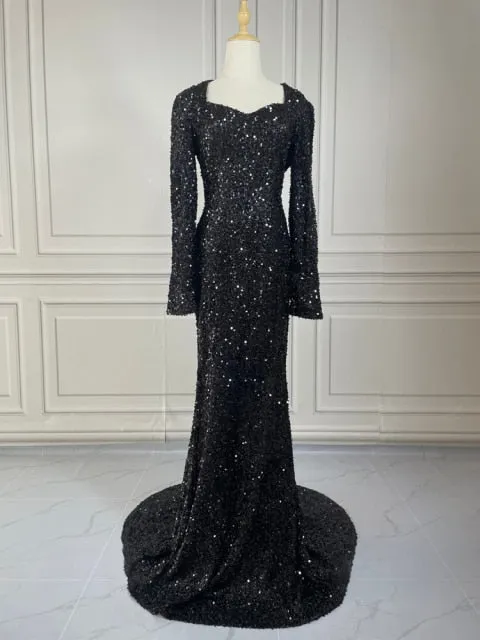 Stretch Sequined Maxi Dress Full Sleeve V Neck Mermaid