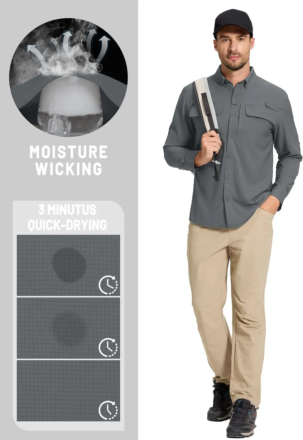 TACVASEN Men's Fishing Shirts Long Sleeve Sun Protection UPF50  Quick Dry Button Down Shirts with Zipper Pockets