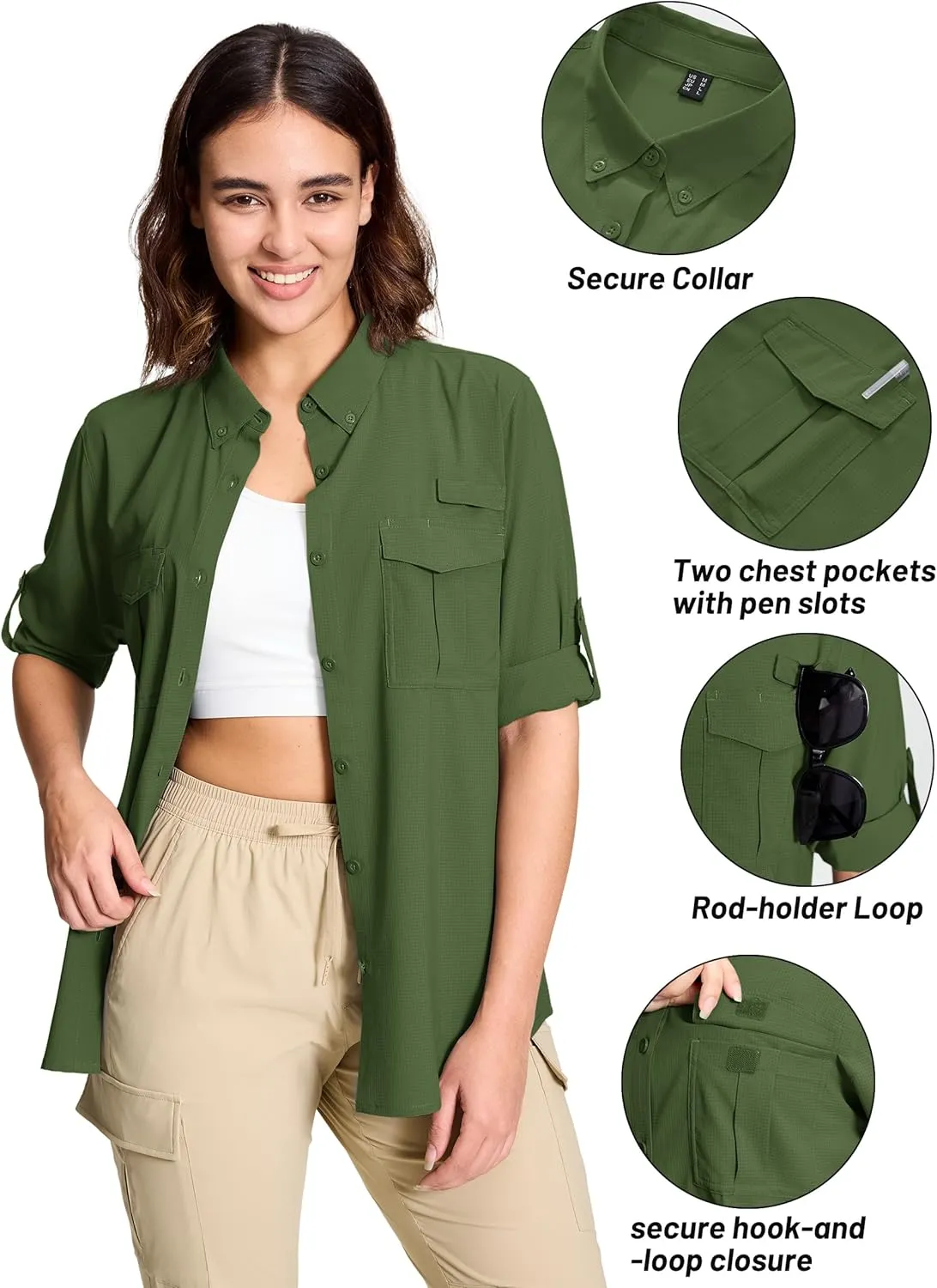TACVASEN Women's Long Sleeve UV Sun Protection Safari Shirts Lightweight Quick Dry Hiking Fishing Button Down Shirts