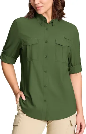 TACVASEN Women's Long Sleeve UV Sun Protection Safari Shirts Lightweight Quick Dry Hiking Fishing Button Down Shirts