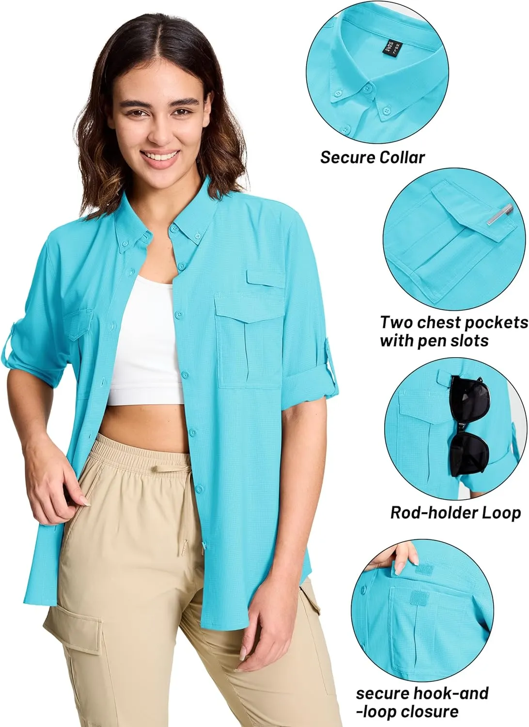 TACVASEN Women's Long Sleeve UV Sun Protection Safari Shirts Lightweight Quick Dry Hiking Fishing Button Down Shirts