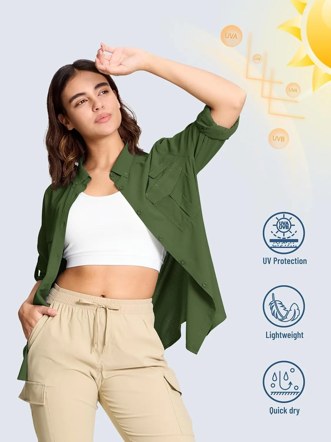 TACVASEN Women's Long Sleeve UV Sun Protection Safari Shirts Lightweight Quick Dry Hiking Fishing Button Down Shirts