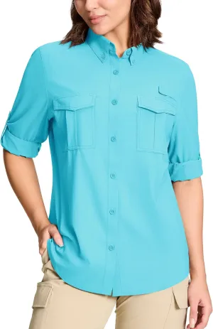TACVASEN Women's Long Sleeve UV Sun Protection Safari Shirts Lightweight Quick Dry Hiking Fishing Button Down Shirts