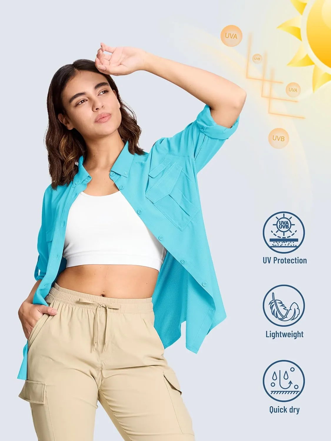 TACVASEN Women's Long Sleeve UV Sun Protection Safari Shirts Lightweight Quick Dry Hiking Fishing Button Down Shirts