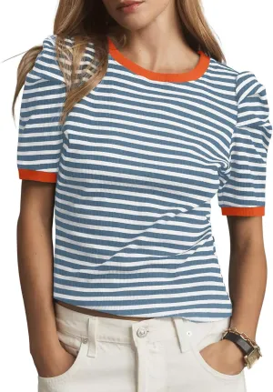 Tankaneo Womens Short Puff Sleeve Tops Trendy Striped Color Block T Shirts Crewneck Casual Shirts